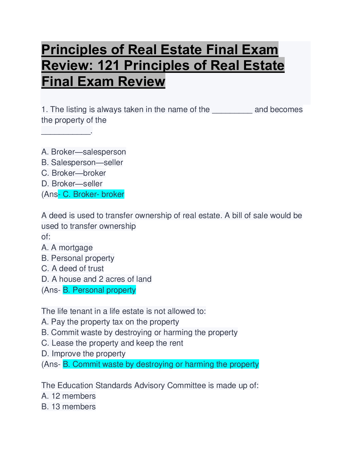 Principles of Real Estate 1 Exam; Questions & Answers Updated Solution